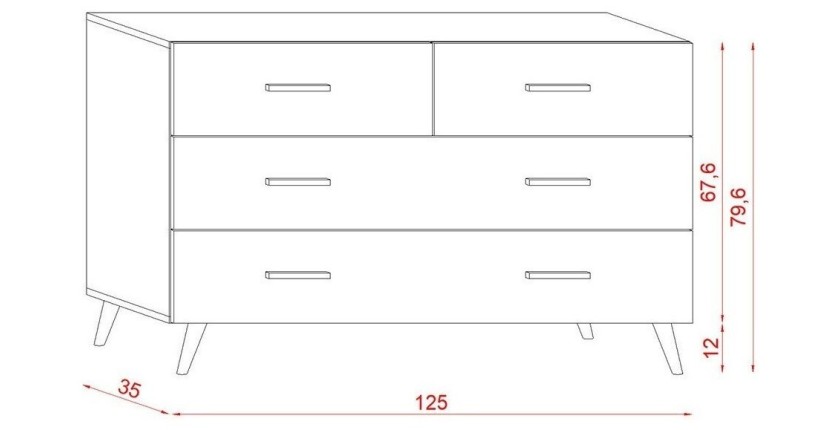 Commode, buffet design EDEN IV, 4 tiroirs, coloris blanc. Type scandinave