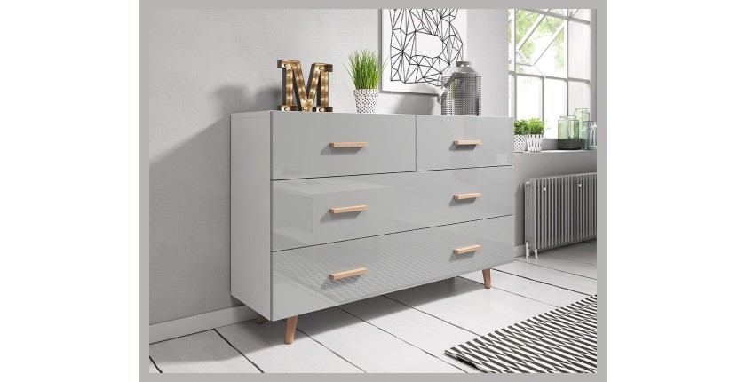 Commode, buffet design EDEN IV, 4 tiroirs, coloris blanc et gris. Type scandinave