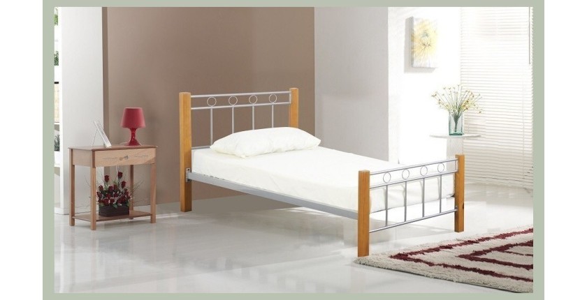 Lit EVELINE 90x200 cm en métal et bois coloris gris et naturel avec sommier.