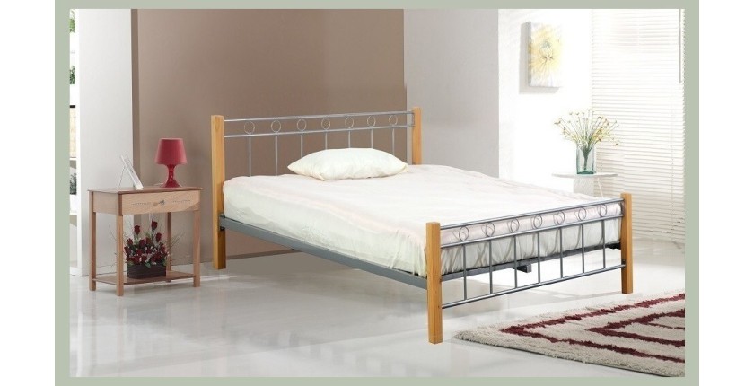 Lit EVELINE 140x200 cm en métal et bois coloris gris et naturel avec sommier.