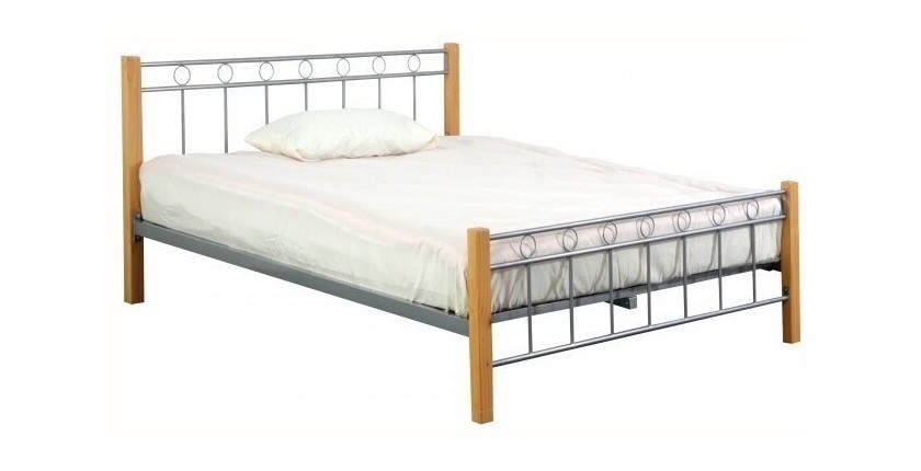 Lit EVELINE 140x200 cm en métal et bois coloris gris et naturel avec sommier.