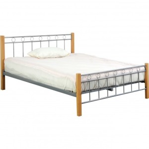 Lit EVELINE 140x200 cm en métal et bois coloris gris et naturel avec sommier.