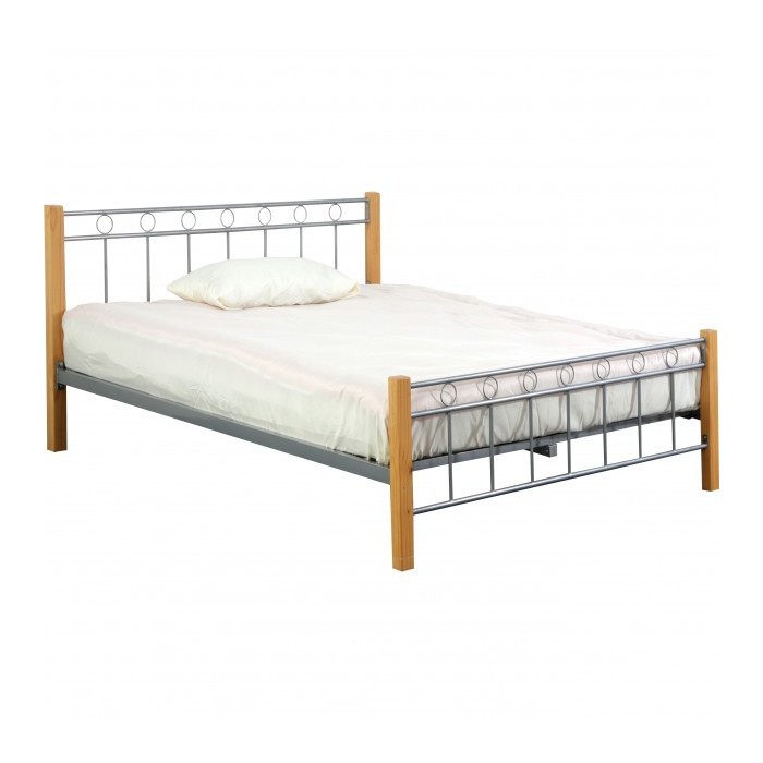 Lit EVELINE 160x200 cm en métal et bois coloris gris et naturel avec sommier.