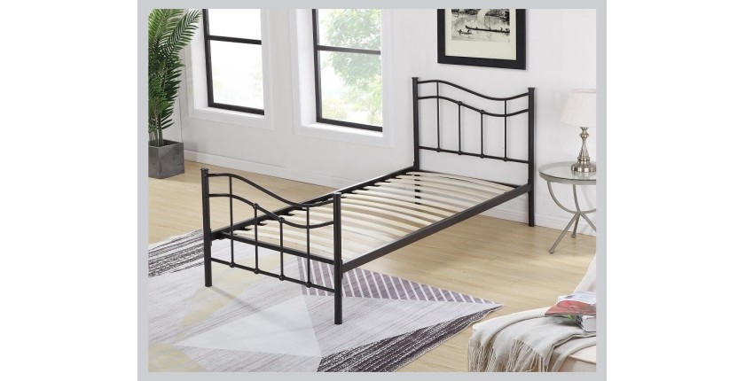 Lit ODETTE 90x200 cm en métal coloris noir avec sommier.
