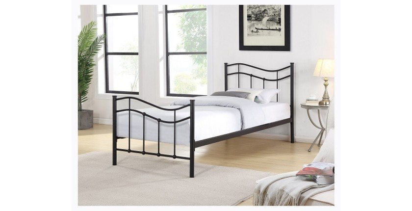 Lit ODETTE 90x200 cm en métal coloris noir avec sommier.