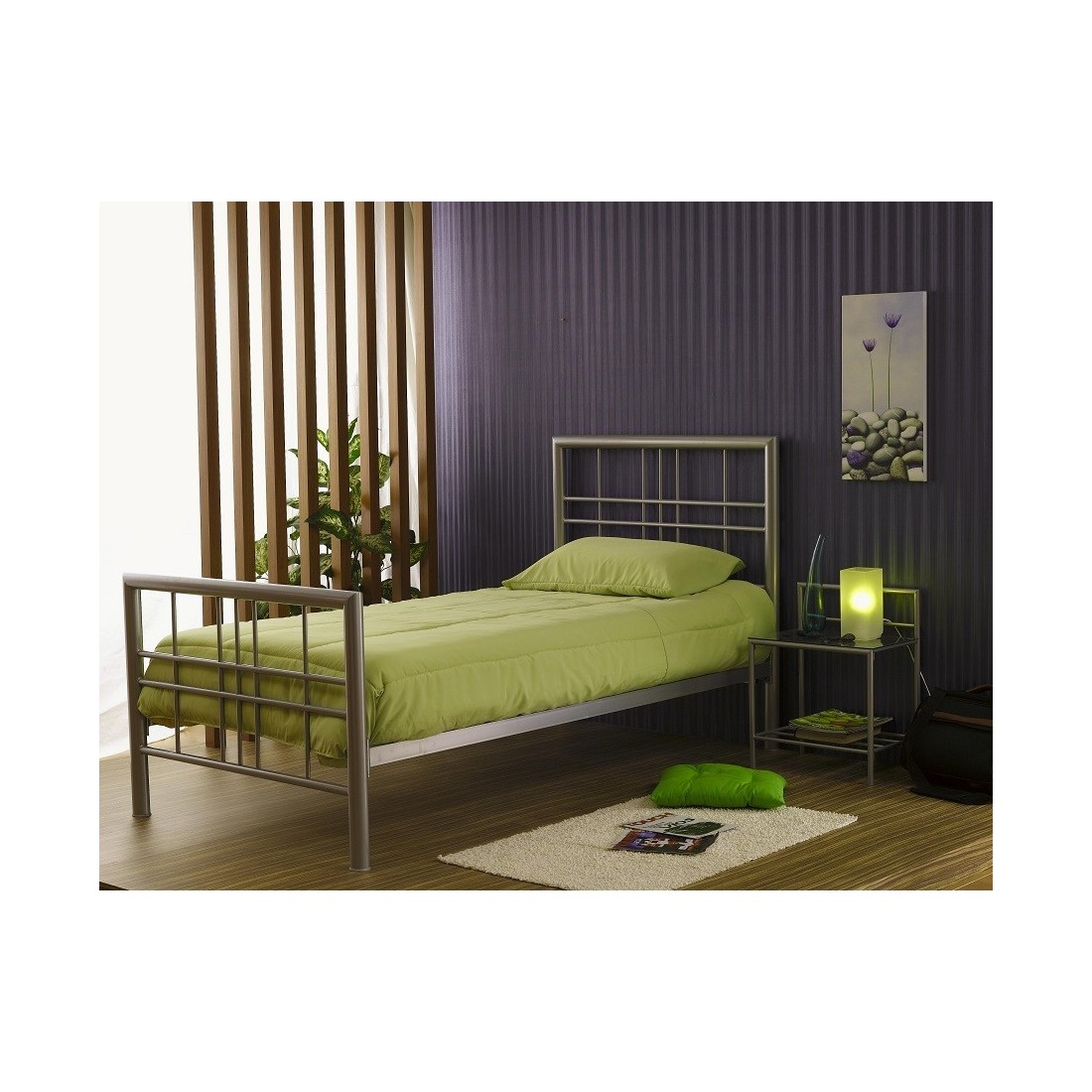 Lit PAXOS 90x200 cm en métal coloris gris argenté avec sommier.