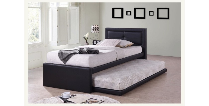 Lit avec tiroir-lit RODAN 90x200 cm en simili cuir coloris noir, sommier inclus.
