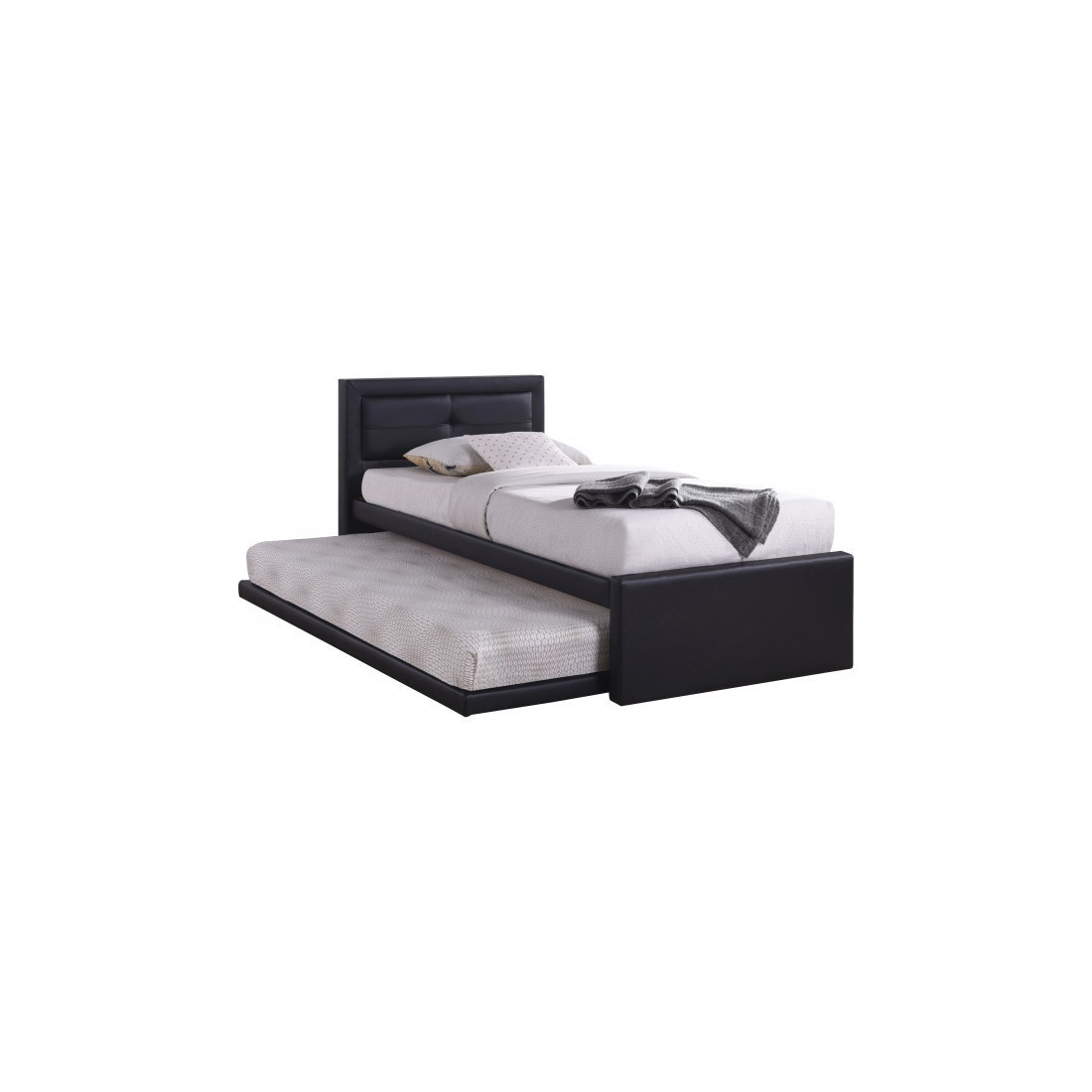 Lit avec tiroir-lit RODAN 90x200 cm en simili cuir coloris noir, sommier inclus.