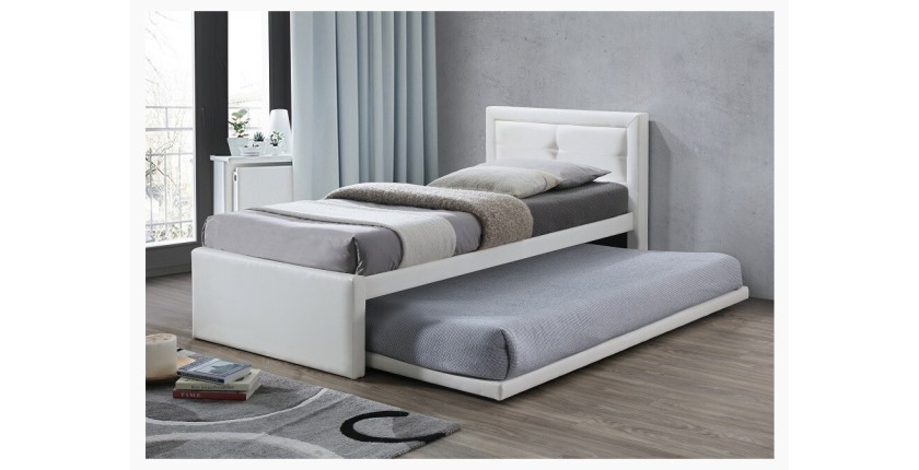 Lit avec tiroir-lit RODAN 90x200 cm en simili cuir coloris blanc, sommier inclus.