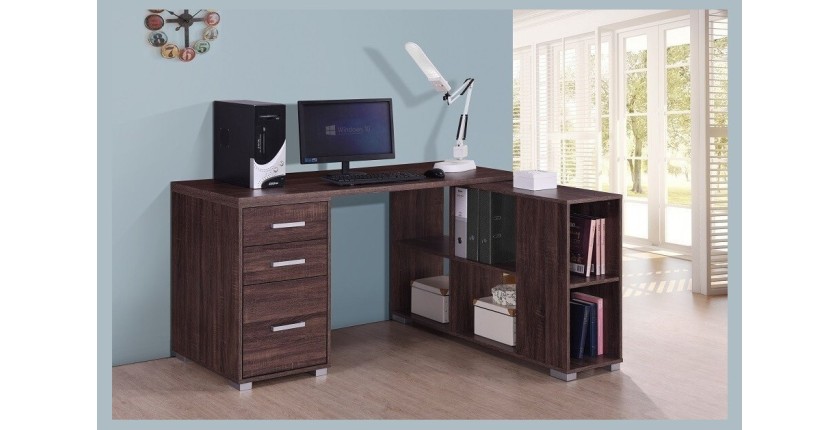 Bureau d'angle contemporain IZMIR coloris noyer et gris et poignées grises.