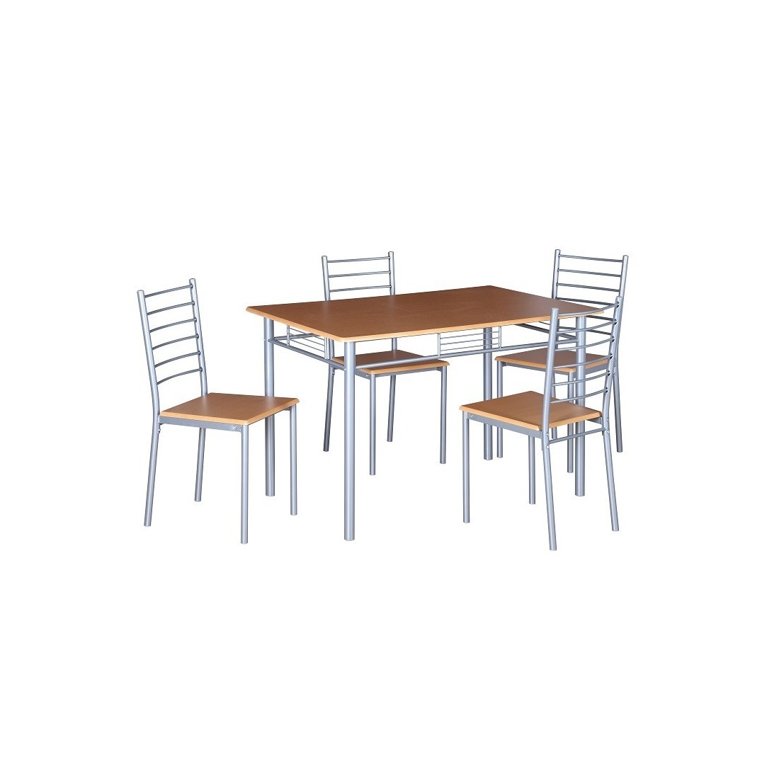 Table de cuisine et salle à manger + 4 chaises ANKARA coloris bois nature. Ensemble repas design métal et bois