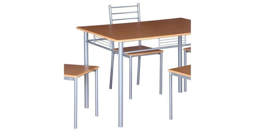 Table de cuisine et salle à manger + 4 chaises ANKARA coloris bois nature. Ensemble repas design métal et bois