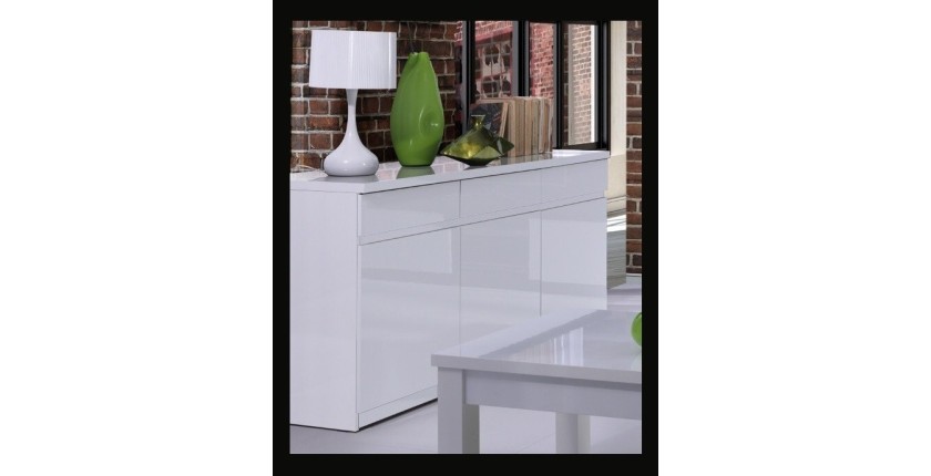 Buffet, bahut, enfilade 3 portes et 3 tiroirs FABIO + Miroir. Coloris blanc brillant. Meuble pour salon salle à manger