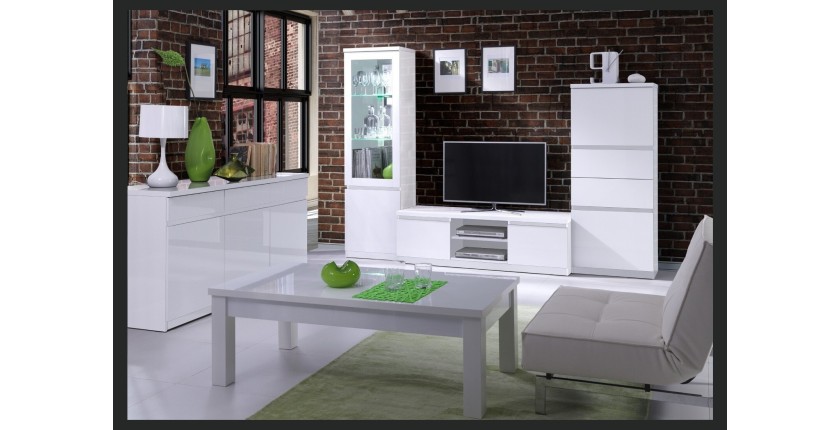 Buffet, bahut, enfilade 3 portes et 3 tiroirs FABIO + Miroir. Coloris blanc brillant. Meuble pour salon salle à manger