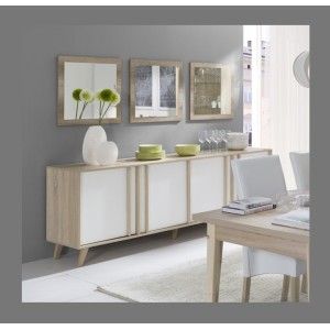 Buffet grand modèle + 3 miroirs collection MALMO couleur chêne clair et blanc.