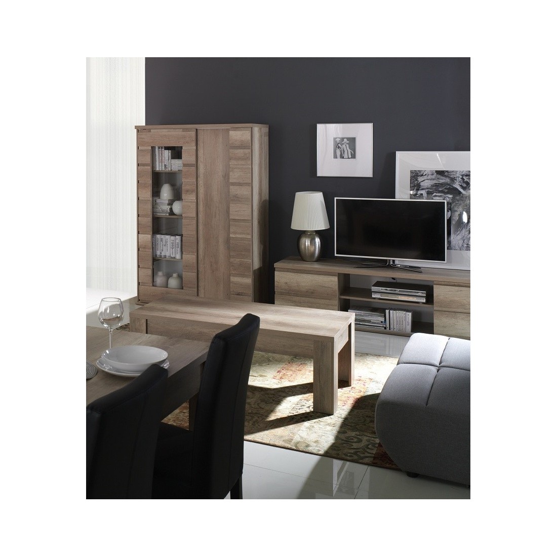 Ensemble ROMI pour salon coloris chêne dab canyon. Vitrine, meuble tv, table basse.