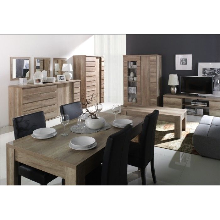 Ensemble ROMI pour salon coloris chêne dab canyon. Vitrine, meuble tv, table basse.