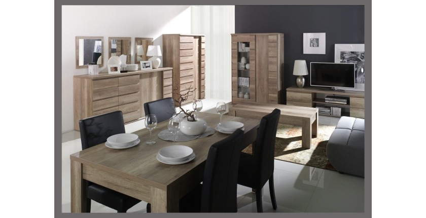 Ensemble ROMI pour salon coloris chêne dab canyon. Vitrine, meuble tv, table basse.
