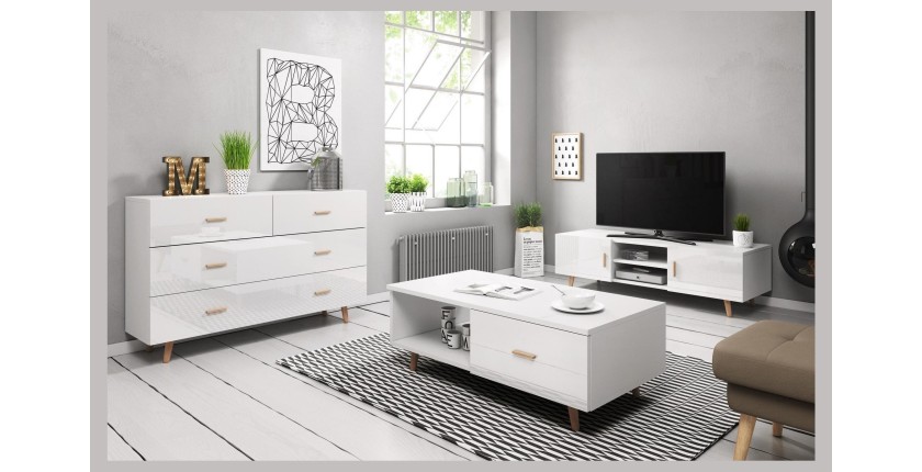 Ensemble EDEN pour votre salon. Meuble TV + table basse + commode. Coloris blanc.