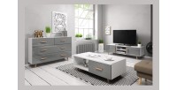 Ensemble EDEN pour votre salon. Meuble TV + table basse + commode. Coloris blanc et gris.
