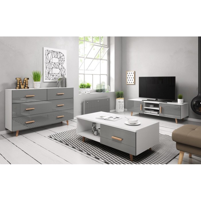 Ensemble EDEN pour votre salon. Meuble TV + table basse + commode. Coloris blanc et gris.