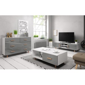 Ensemble EDEN pour votre salon. Meuble TV + table basse + commode. Coloris blanc et gris.