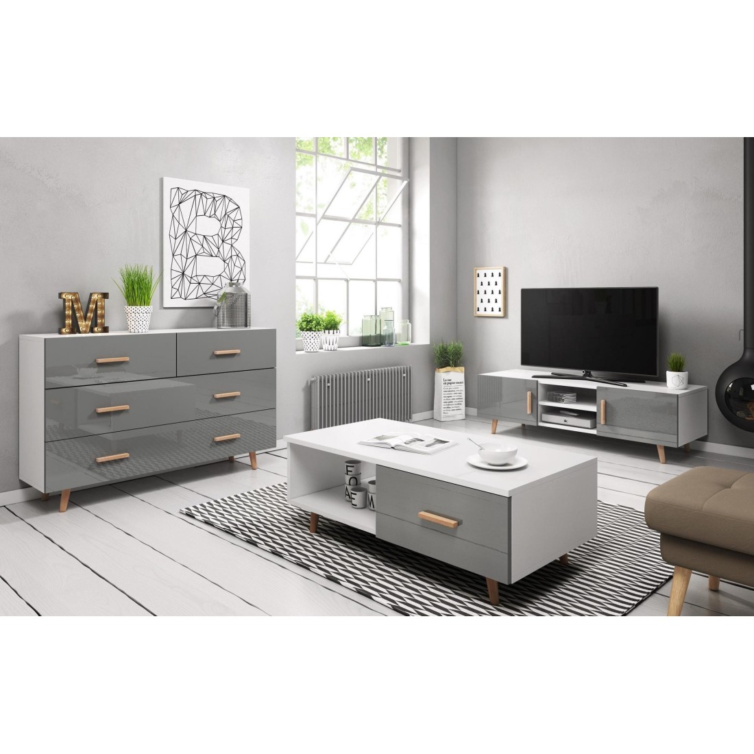 Ensemble EDEN pour votre salon. Meuble TV + table basse + commode. Coloris blanc et gris.