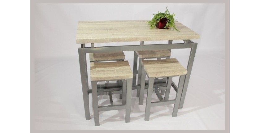 Ensemble design table haute, bar + 4 tabourets LE MANS. Set moderne type industriel, bois et métal.