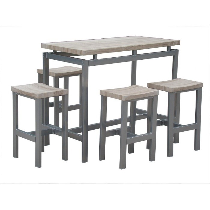 Ensemble design table haute, bar + 4 tabourets LE MANS. Set moderne type industriel, bois et métal.