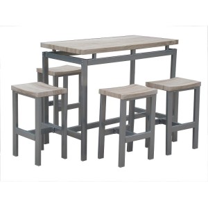 Ensemble design table haute, bar + 4 tabourets LE MANS. Set moderne type industriel, bois et métal.