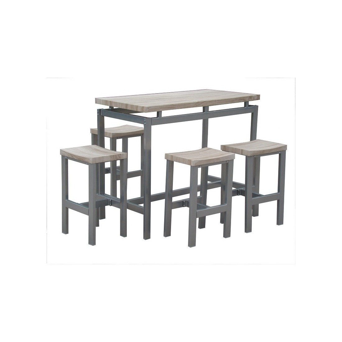 Ensemble design table haute, bar + 4 tabourets LE MANS. Set moderne type industriel, bois et métal.