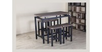 Ensemble table haute, bar + 4 tabourets NIMES. Set moderne type industriel, bois et métal.