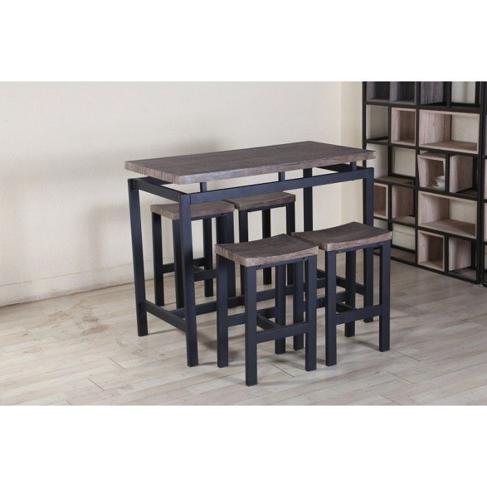 Ensemble table haute, bar + 4 tabourets NIMES. Set moderne type industriel, bois et métal.