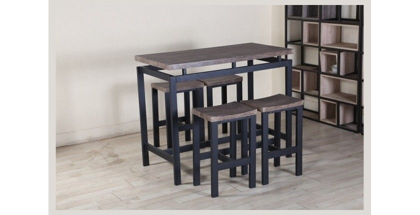 Ensemble table haute, bar + 4 tabourets NIMES. Set moderne type industriel, bois et métal.