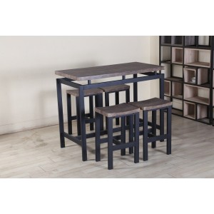Ensemble table haute, bar + 4 tabourets NIMES. Set moderne type industriel, bois et métal.