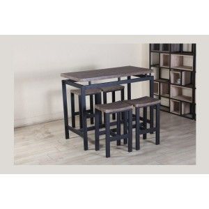 Ensemble table haute, bar + 4 tabourets NIMES. Set moderne type industriel, bois et métal.