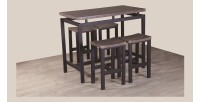 Ensemble table haute, bar + 4 tabourets NIMES. Set moderne type industriel, bois et métal.