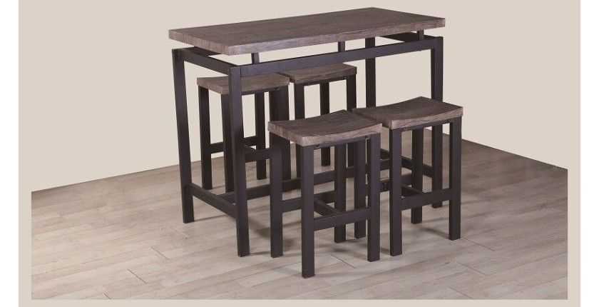 Ensemble table haute, bar + 4 tabourets NIMES. Set moderne type industriel, bois et métal.