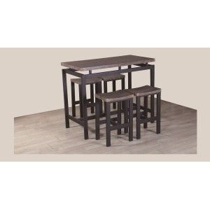 Ensemble table haute, bar + 4 tabourets NIMES. Set moderne type industriel, bois et métal.