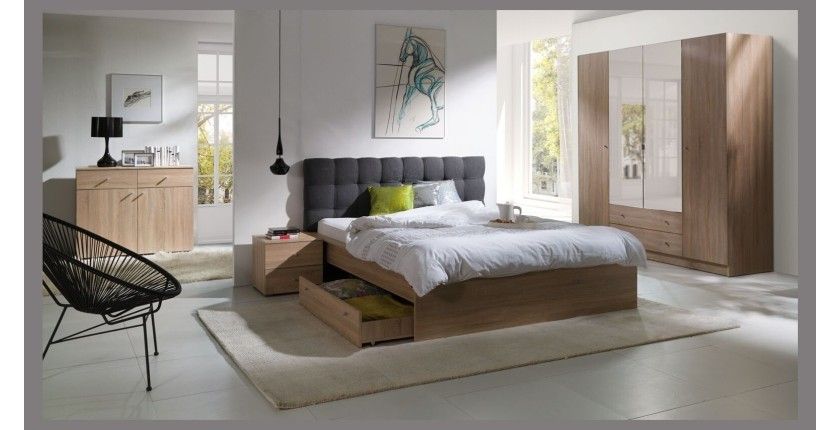 Ensemble pour chambre à coucher MAXIM. Lit adulte deux places 160x200 cm + tiroir + sommier + deux chevets