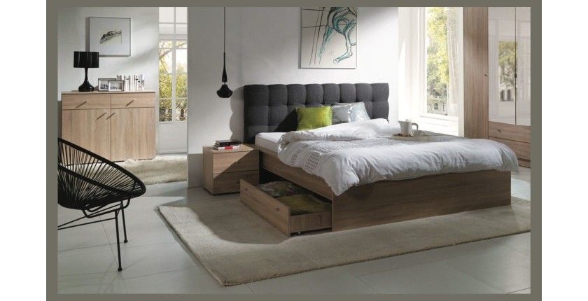 Ensemble pour chambre à coucher MAXIM. Lit adulte deux places 160x200 cm + tiroir + sommier + deux chevets + commode
