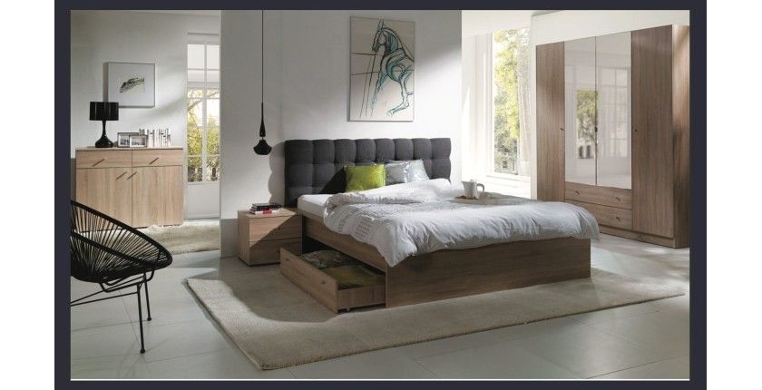 Ensemble pour chambre à coucher MAXIM. Lit adulte deux places 160x200 cm + tiroir + sommier + deux chevets + commode