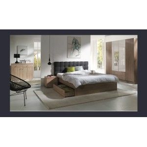 Ensemble pour chambre à coucher MAXIM. Lit adulte deux places 160x200 cm + tiroir + sommier + deux chevets + commode