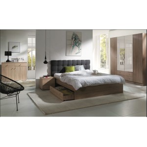 Ensemble pour chambre à coucher MAXIM. Lit adulte deux places 160x200 cm + tiroir + sommier + deux chevets + commode