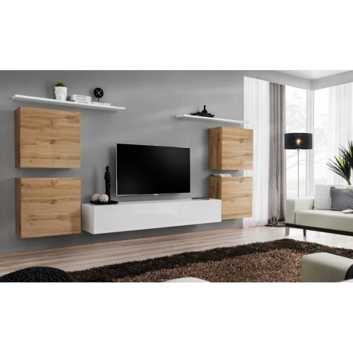 Ensemble meuble salon SWITCH IV design, coloris blanc et chêne Wotan.