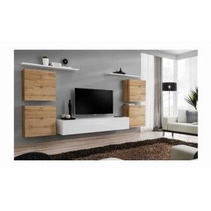 Ensemble meuble salon SWITCH IV design, coloris blanc et chêne Wotan.