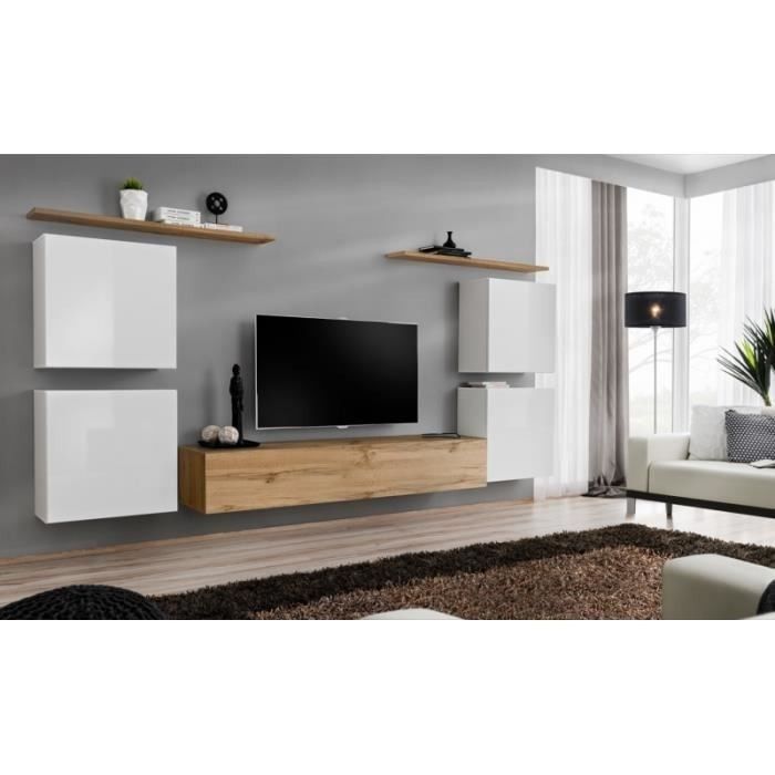 Ensemble meuble salon SWITCH IV design, coloris chêne Wotan et blanc .