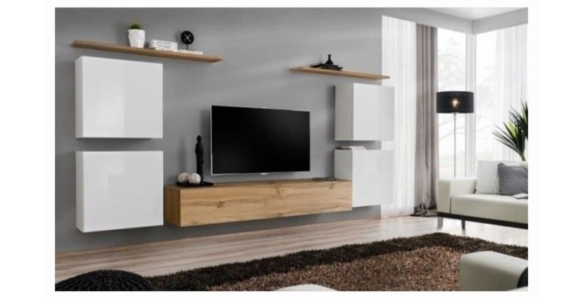 Ensemble meuble salon SWITCH IV design, coloris chêne Wotan et blanc .