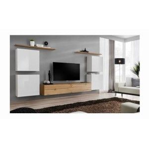 Ensemble meuble salon SWITCH IV design, coloris chêne Wotan et blanc .
