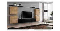 Ensemble meuble salon SWITCH IV design, coloris noir brillant et chêne Wotan.